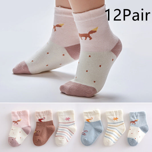 Set of Children's Animal Fox & Forest Cotton Baby Socks (12 pairs/set)